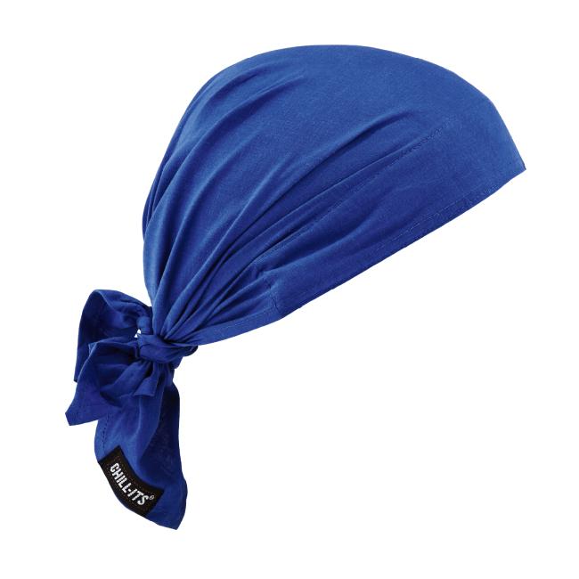Front of blue polymer cooling bandana