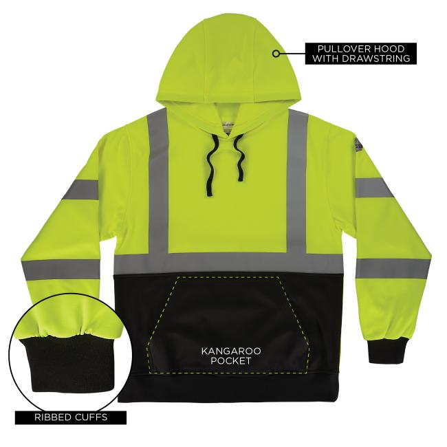 This hoodie features a pullover hood with drawstring, ribbed cuffs, and a roomy kangaroo pocket, offering practical and comfortable design elements for workwear.