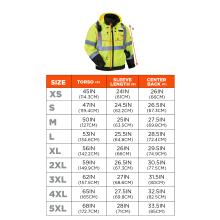 Size chart. Extra Small (XS): Torso 45IN (114.3CM) Sleeve Length 24IN (61CM) Center Back 26IN (66CM). Small (S): Torso 47IN (119.4CM) Sleeve Length 24.5IN (62.2CM) Center Back 26.5IN (67.3CM). Medium (M): Torso 50IN (127CM) Sleeve Length 25IN (63.5CM) Center Back 27.5IN (69.8CM). Large (L): Torso 53IN (134.6CM) Sleeve Length 25.5IN (64.8CM) Center Back 28.5IN (72.4CM). Extra Large (XL): Torso 56IN (142.2CM) Sleeve Length 26IN (66CM) Center Back 29.5IN (74.9CM). 2X Large (2XL): Torso 59IN (149.9CM) Sleeve Le
